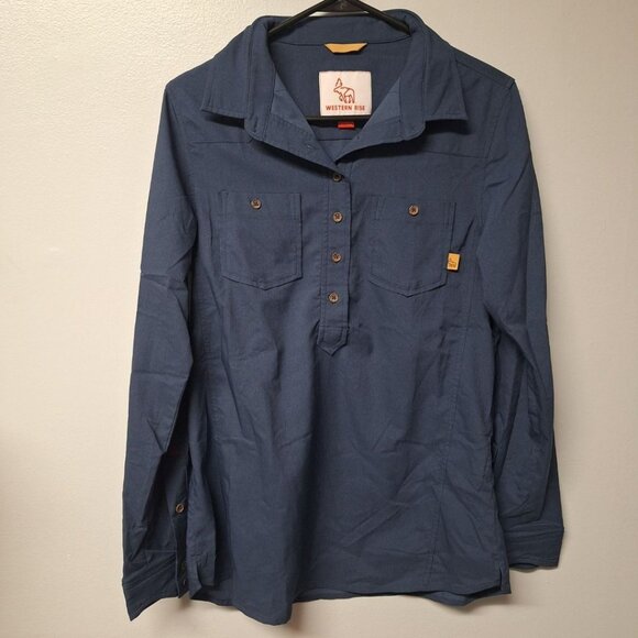 Western Rise Shirt Pullover Half Button Blue Long Sleeve Youth Large Boys - Picture 1 of 14